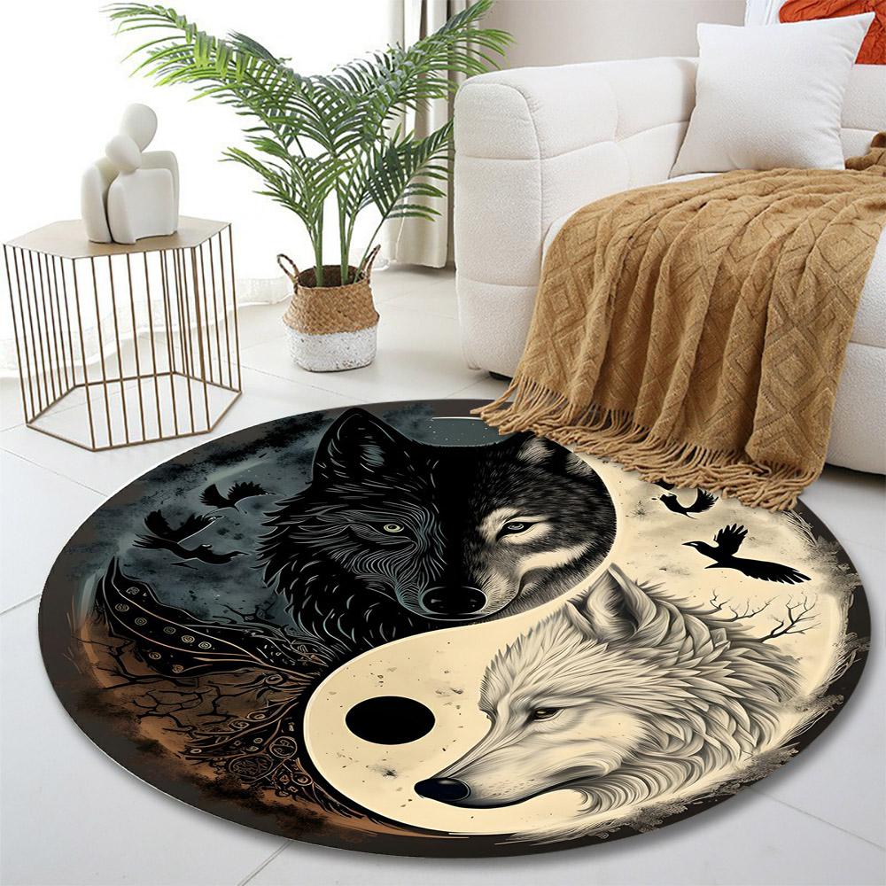 Yin-Yang Wolves with Mystic Design Print Round Rug, Living Room, Bedroom, Playroom Carpet, Non Slip Floor Mat, Gift