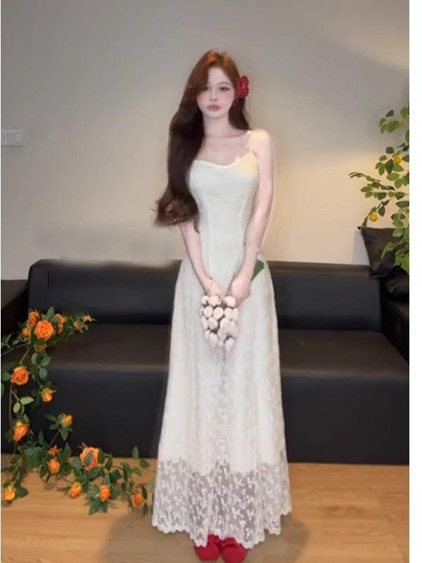 Pure desire wind embroidery suspender dress women's summer new temperament fashion waist thin chic long dress tide
