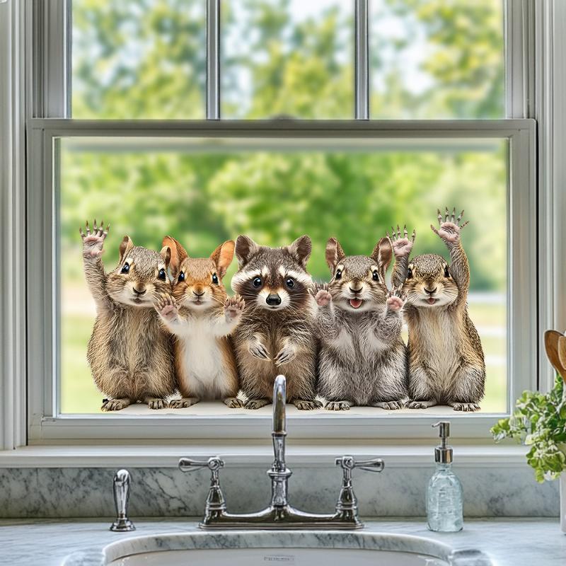Adesivi Finestra Animali Carini del Bosco Scoiattolo & Procione che Salutano Vetro Artistico Decalcomanie Per Casa Soggiorno Camera da Letto