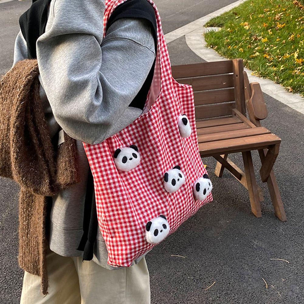 Vacation Canvas Shopping Bag Panda Doll Office Worker Handbag Casual Plaid Shoulder Bags  Outdoor
