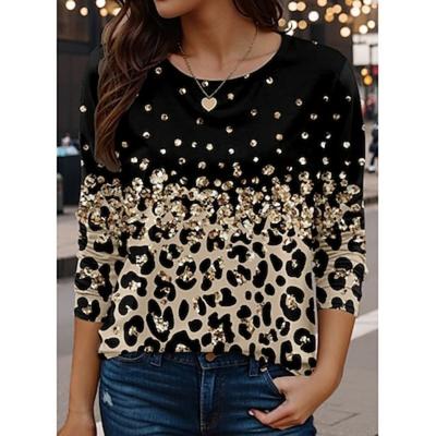 Maglietta da donna casual leopardata regolare top manica lunga girocollo stampa vestibilità regolare quotidiano oro primavera autunno