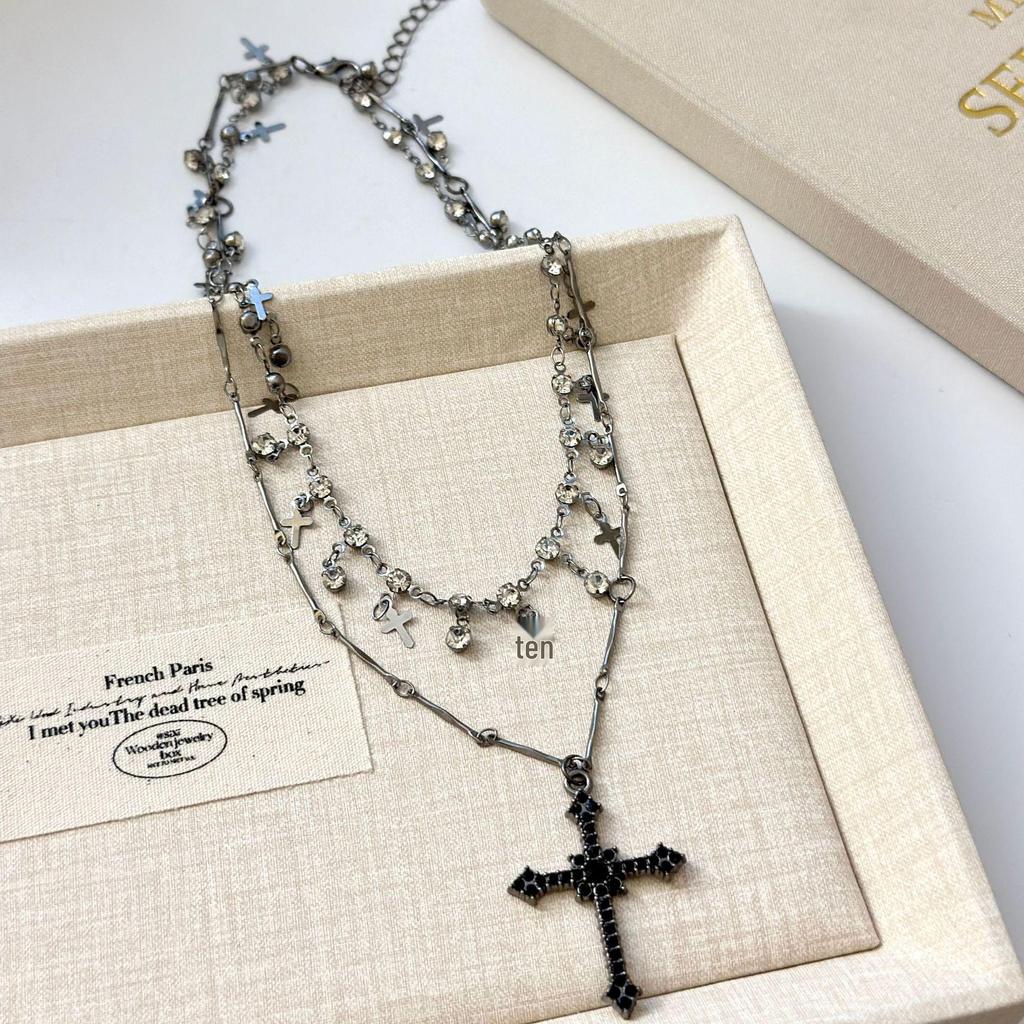 Elegant Diamond Cross Pendant Necklace - Trendy Multi-Layered Clavicle Chain for Women