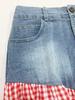 European & American Women's Sexy Fashion T-shirt and Denim Patchwork High-Waist Split Plaid Skirt Set