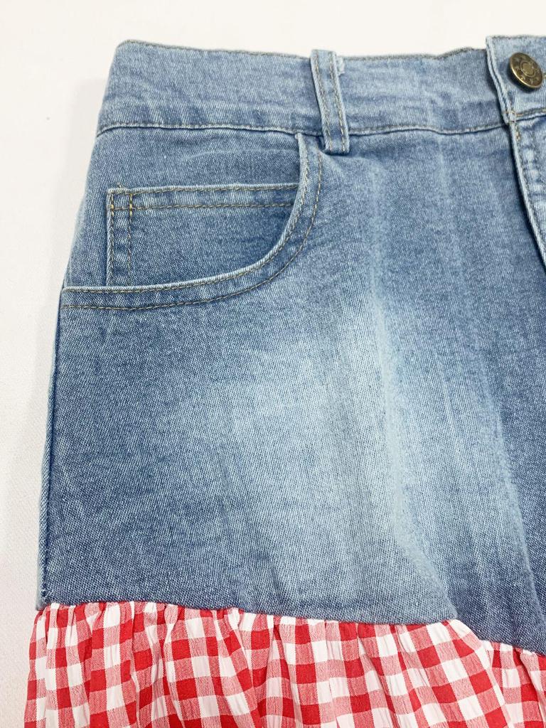 European & American Women's Sexy Fashion T-shirt and Denim Patchwork High-Waist Split Plaid Skirt Set