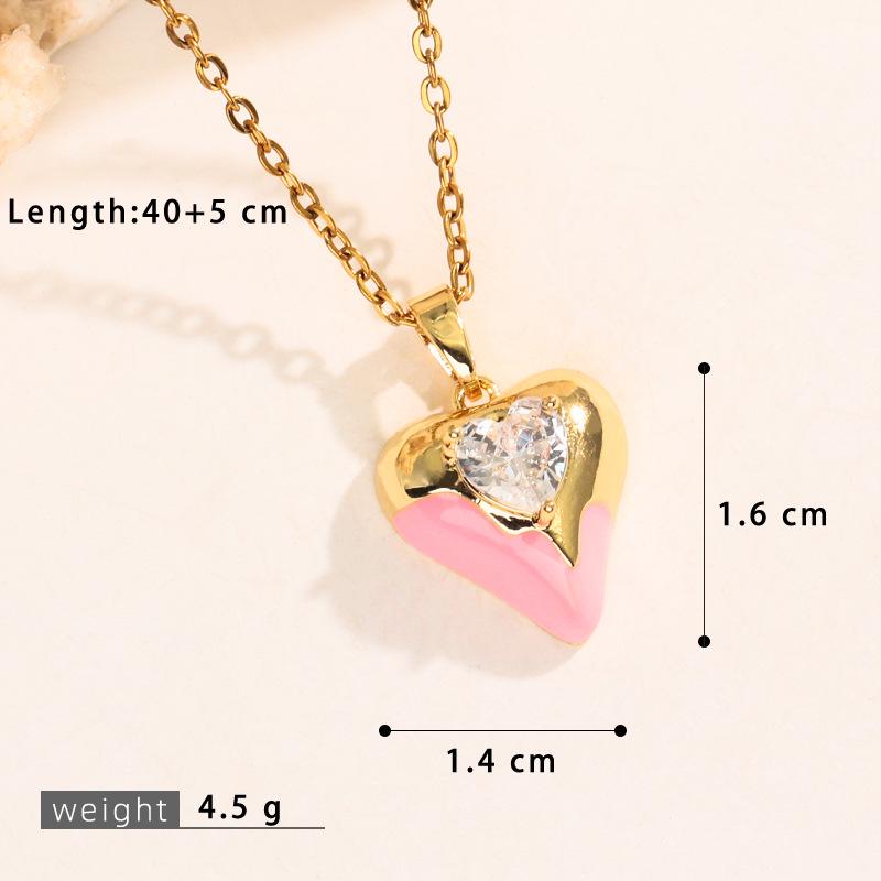 Heart-Shaped Full Diamond 3D Peach Pendant Necklace for Women - Fashionable Copper Micro-Set Enamel Choker