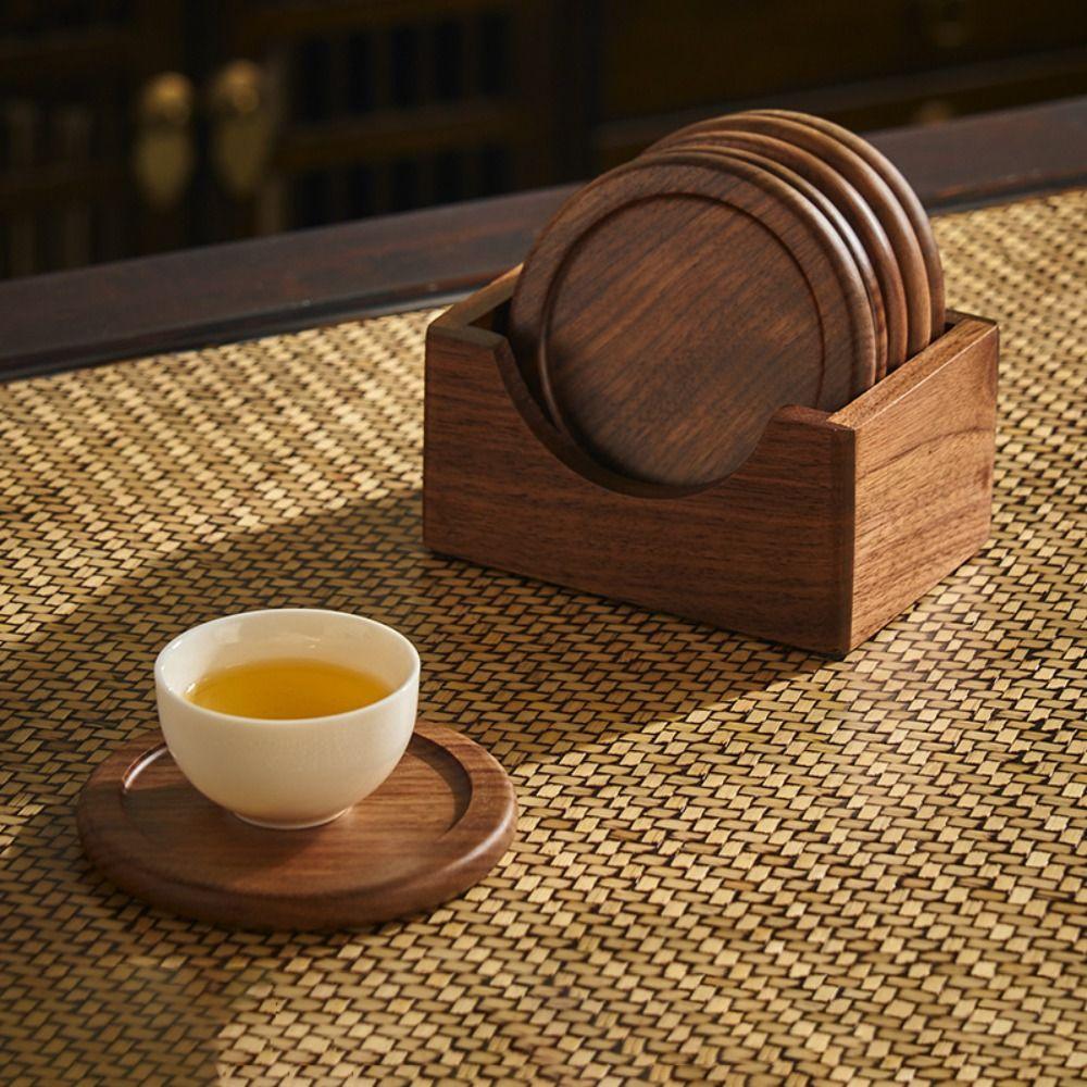 6 pièces/set Dessous de tasse à thé ronds Style japonais Dessous de table isolant Ustensiles à thé Sous-verre en bois Cadeau