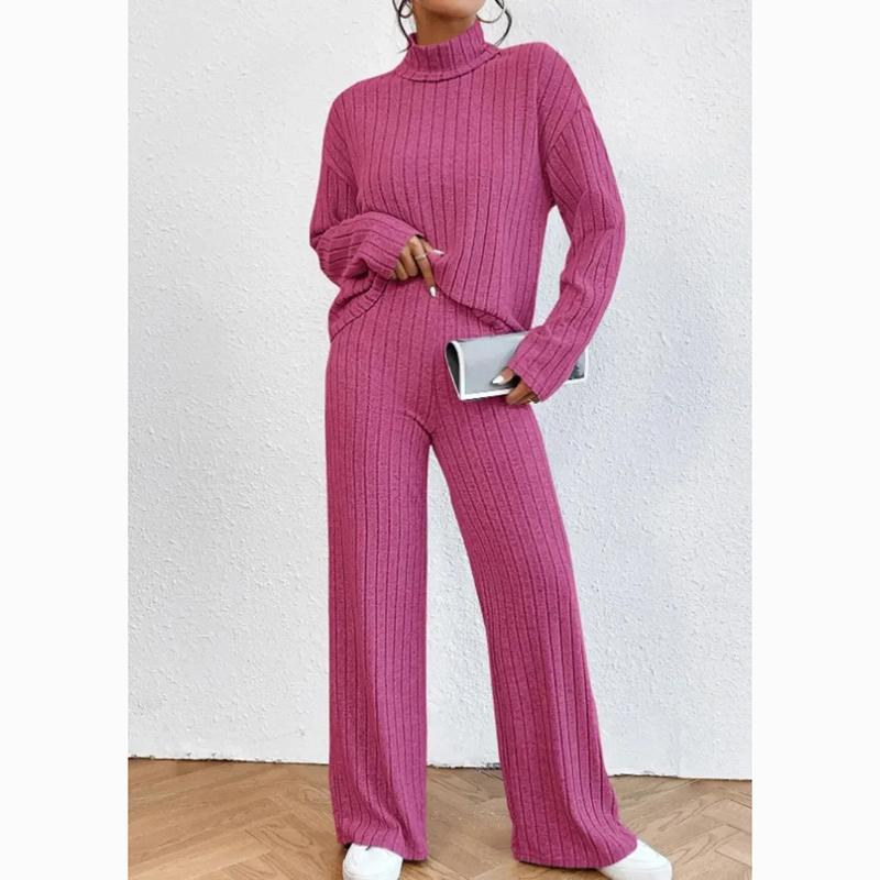 

Осінь-зима Трикотажна блузка та довгі штани 2 комплекти з двох предметів Жіночий одяг Модні повсякденні вільні топи з довгими рукавами з високим горлом XXL