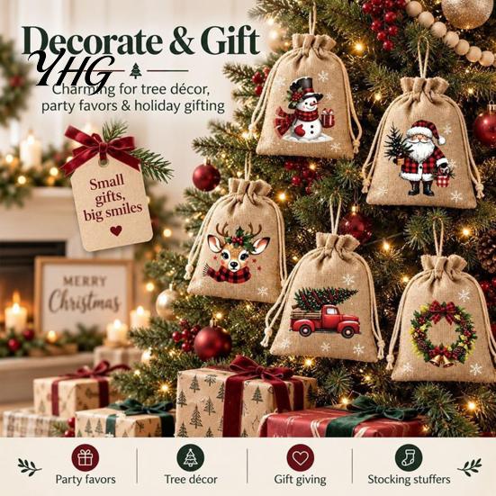 Reusable Fabric Treat Pouches Christmas Jute Burlap Gift Bags, Drawstring Candy Decorative Xmas Tree Ornaments Bag, Linen Packaging Pouch for Holiday