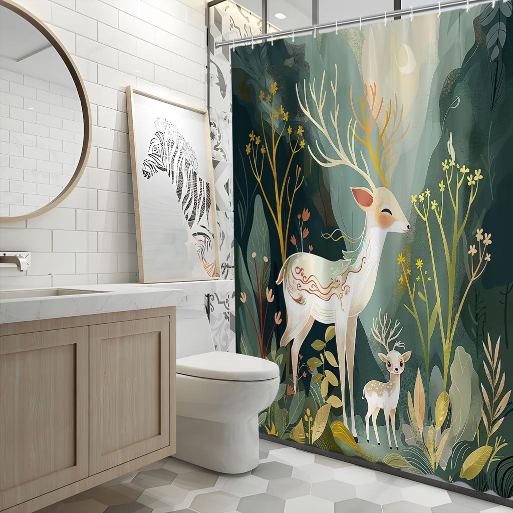Enchanted Forest Deer Bath Curtain - Mother & Baby Deer, Floral Design; Waterproof Home Decor Adds Nature'S Charm To Bathroom.