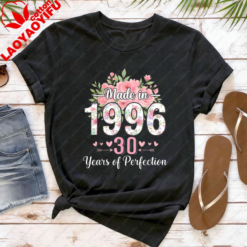 Made in 1996 30th Birthday Women TShirt Floral Design Cotton Short Sleeve Casual Summer Top Gift for Her Fashion Tee