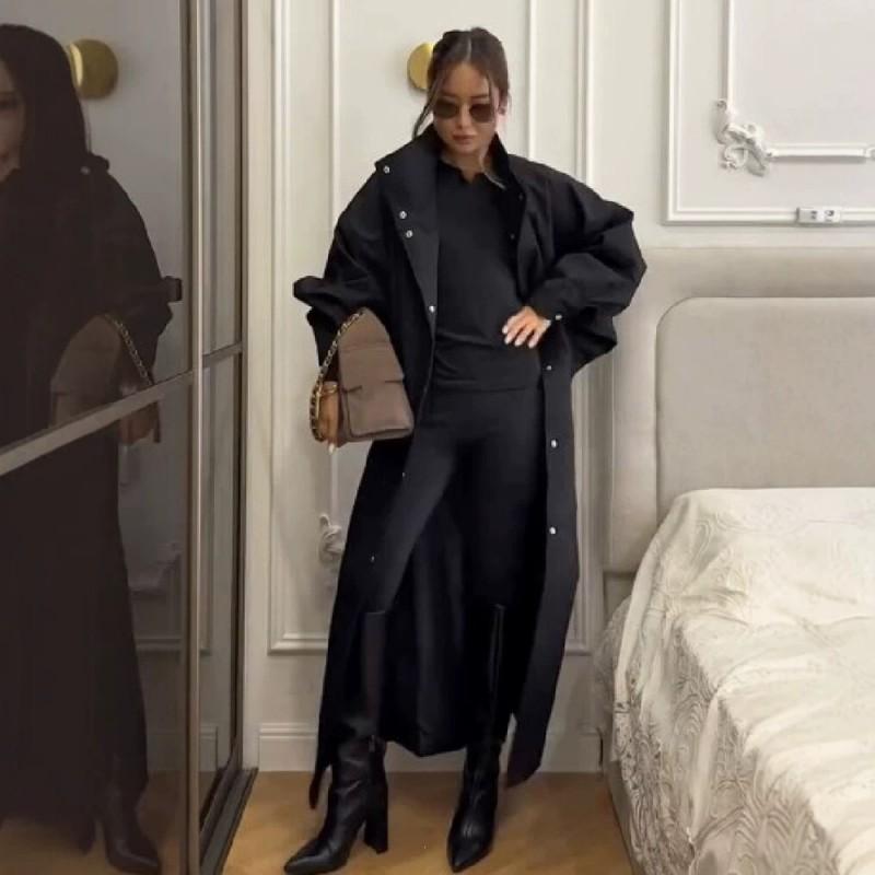 Womens Casual Long Trench Coat Fall Single-Breasted Loose Relaxed Fit Stand Collar Outerwear