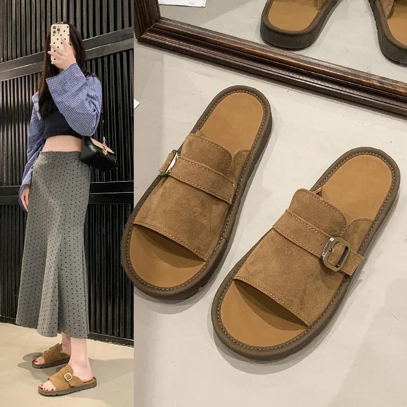 Summer Women Suede Leather Flat Slippers Plus Size Buckle Non-Slip Sandals Casual Breathable Woman Fashion Platform Shoes
