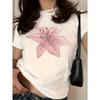 European Size [Floral Print T-Shirt] 1PCY2K Style Women's Pink Lily Flower Print T-Shirt - Hand-Painted Large Floral Center Layout -