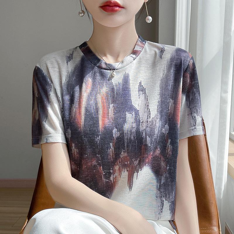 Jarní a letní móda Renderovaný potištěný pletený svetr s krátkým rukávem, volný, ležérní, tenký tencelový poloviční rukáv