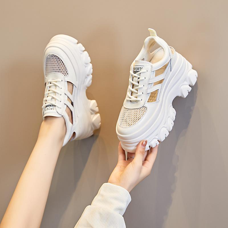 Leather hollow platform sandals women's summer trend versatile height increase strap comfortable women's net shoes one piece 2025