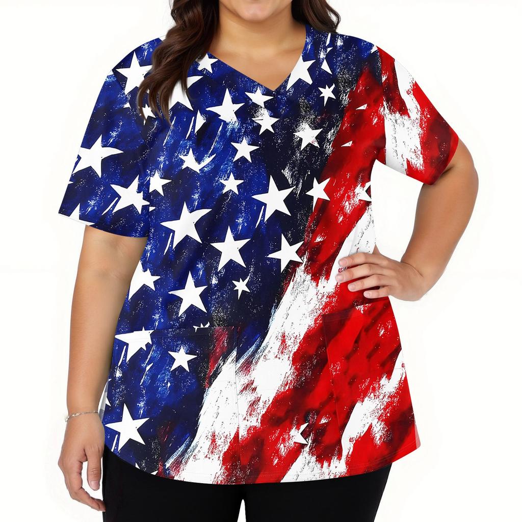 Women's Fashion V-neck Short Sleeve Workwear With Pockets Printed Tops