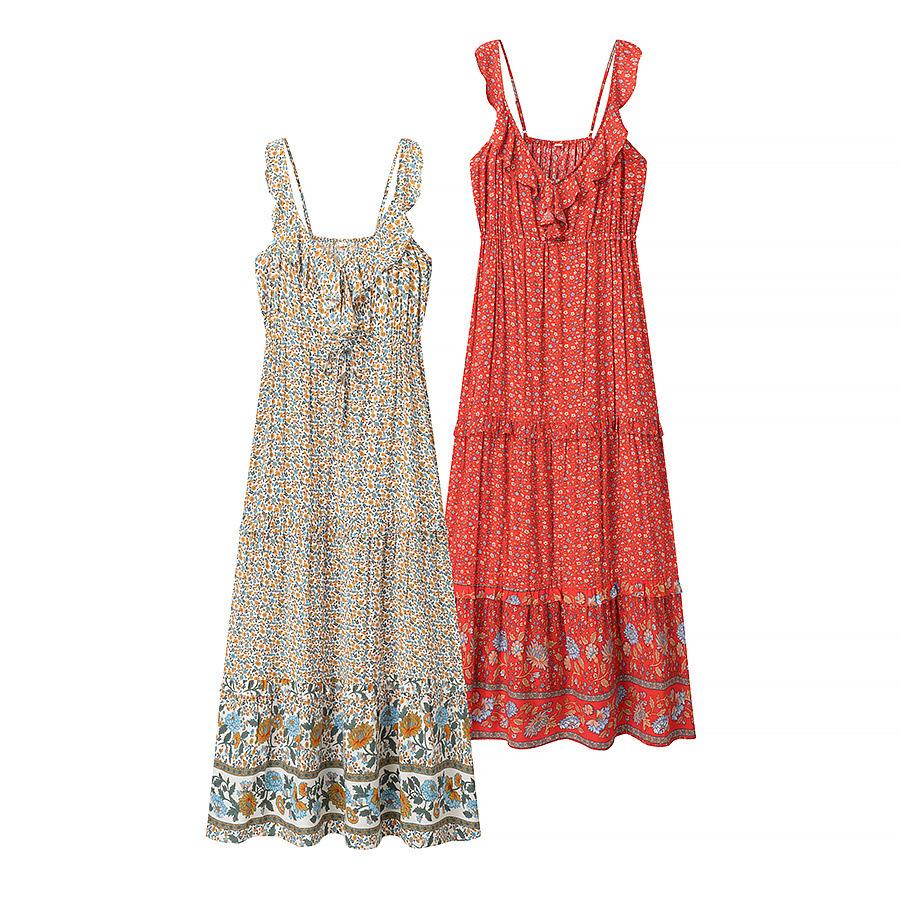

2025 Summer Floral Bohemian V-Neck Spaghetti Strap Swing Dress M