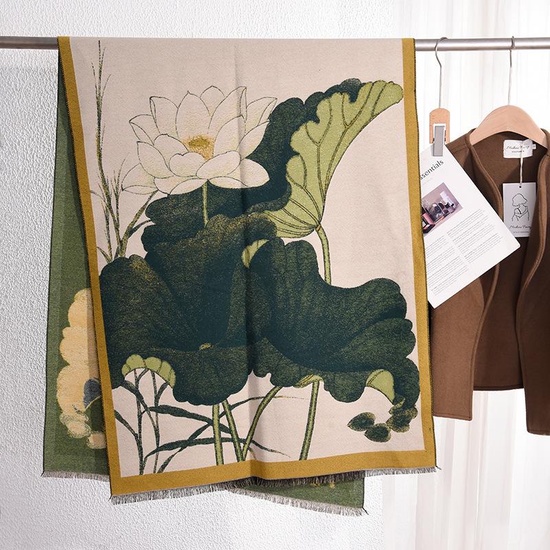 

Дизайнерский кашемировый шарф с принтом лотоса, японская и корейская женская легкая роскошная модная теплая жаккардовая шаль 67*185