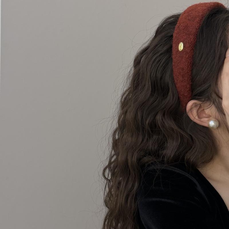 Wool Oval Gold Label Wide Hair Band for Autumn and Winter, High Top Hairpin, High-end Headband for Going Out