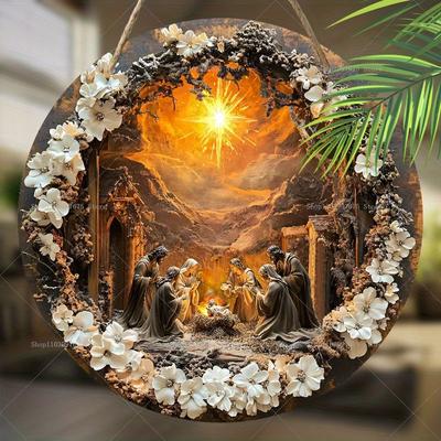 Kalėdinio Jėzaus gimimo scenos medinis ženklas su apsauginiais elementais, vainikas, apvalus ženklas bažnyčios durims, sienos dekoracija, idealus dovanų variantas, paprastas ir stilingas tualeto durų kabinamas dekoras