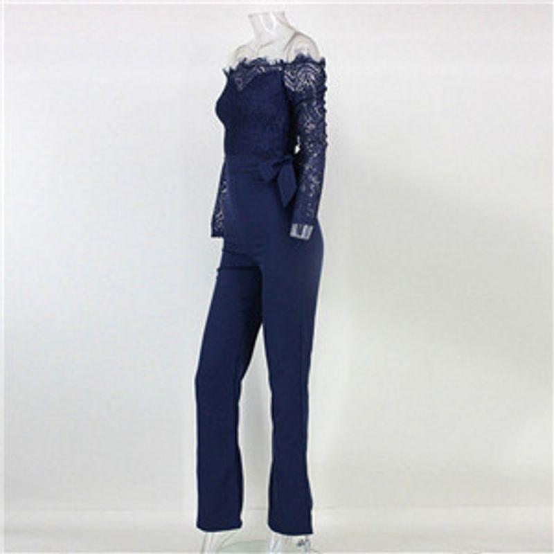 

Straight Neck Lace Long Sleeve Jumpsuit off-Shoulder Collar Lace Long Sleeve Jumpsuit blue XL
