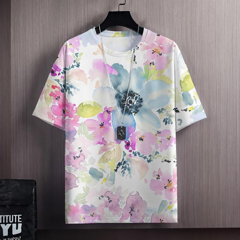 Colorful Flowers Clusters 3D Print T Shirt For Men Grass Plant Pattern Tees Summer Casual Short Sleeve Tops Round Neck T-Shirts