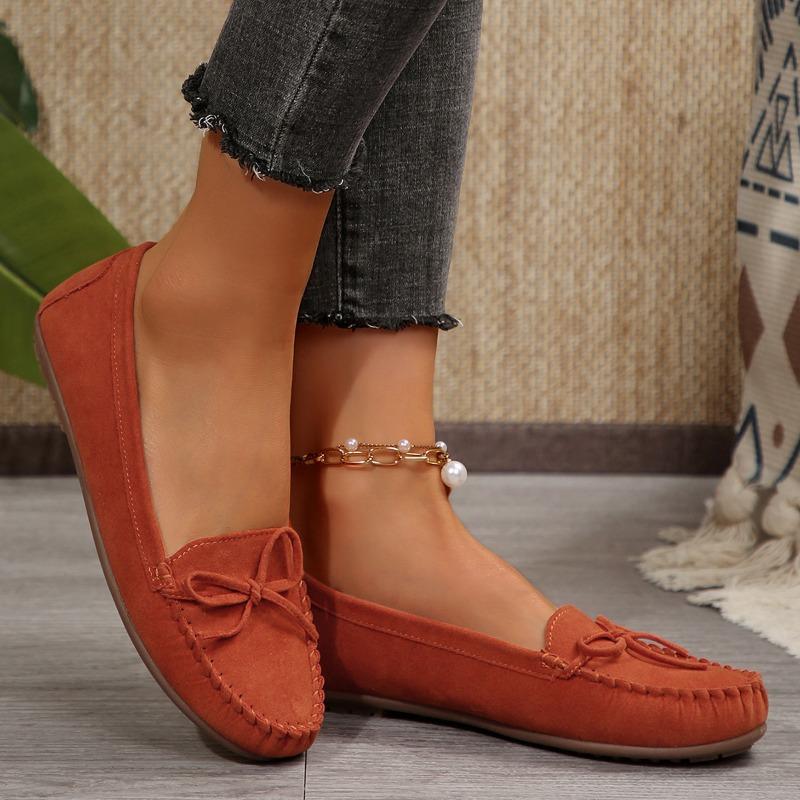 Mode Frühling Neue Einzelne Schuhe für Damen Runde Spitze Wildleder Flacher Ausschnitt Schmetterlingsknoten Weiche Sohle Rutschfest Flache Schuhe