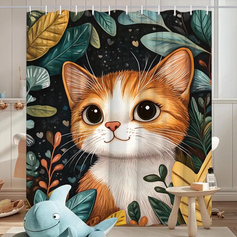 

~O~Tropical Kitten Shower Curtain - Orange & White Kitten, Large Eyes Design,Playful Jungle Leaves,Polyester,Stylish Bathroom De W90XH180cm
