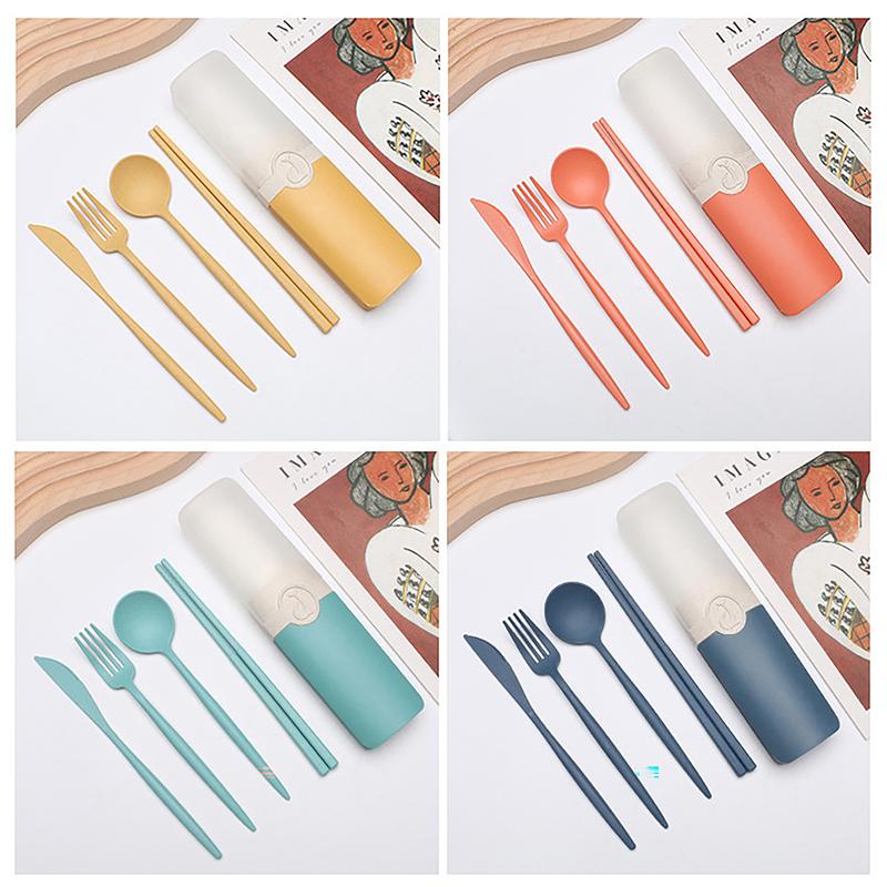 4Pcs Wheat Straw Cutlery Set Portable Tableware Reusable Spoon Knife Chopsticks Fork Travel Picnic With Carrying Box