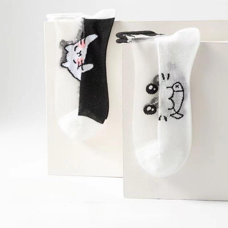 5Pairs/Lot Summer Socks Black And White Cat Glass Silk Breathable Female Socks Simple Short Socks