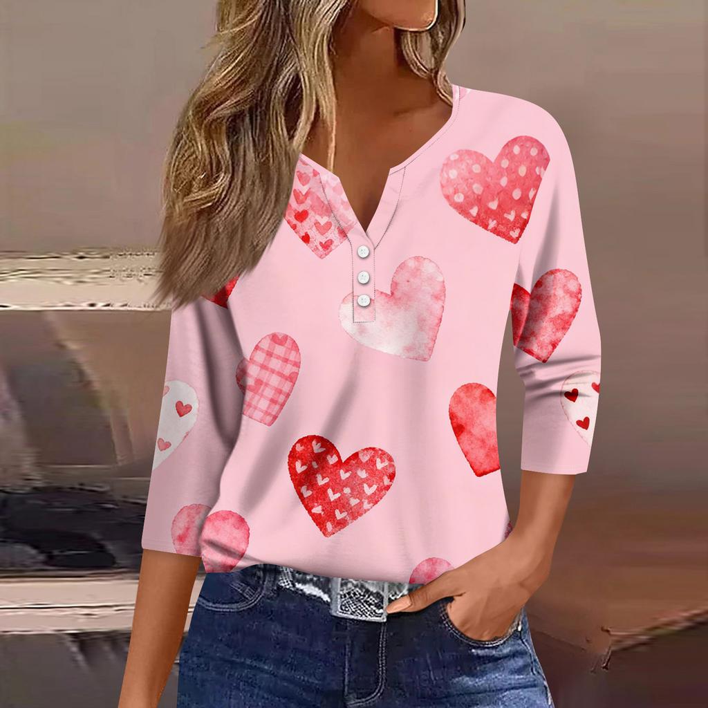 Women's Fashion Button-Up V-Neck Three-Quarter Sleeve Valentine's Day Print Top