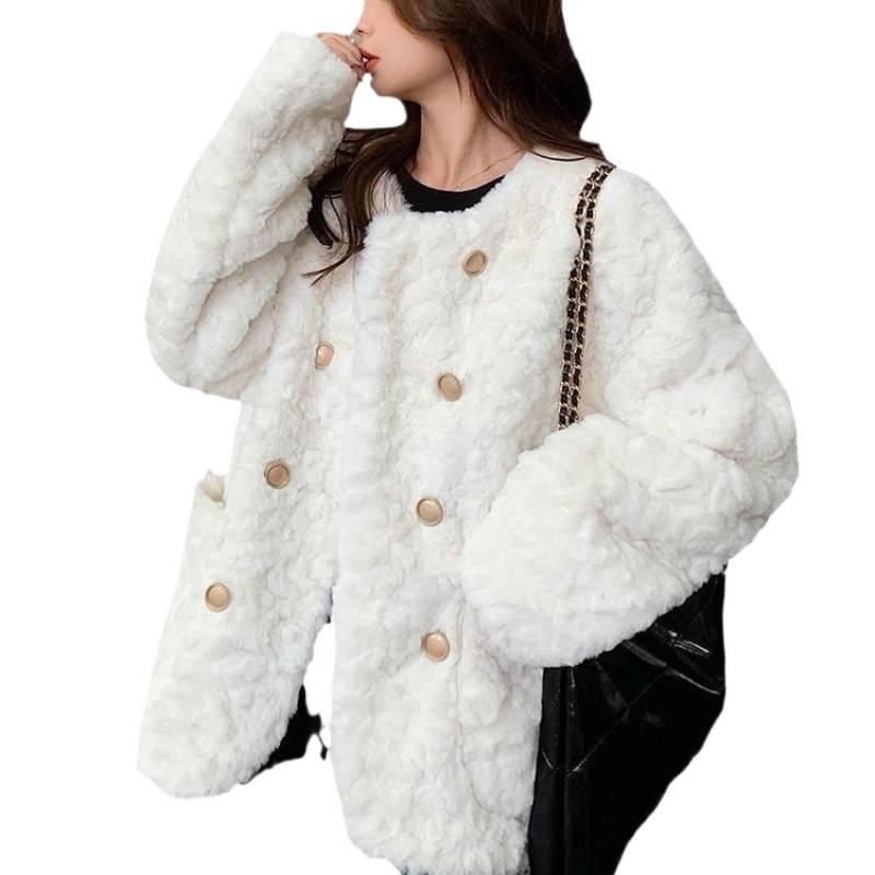 Lamb Wool Imitation Leather Coat Women's Winter New Thickened White Plush Top Cotton Jacket Round Neck