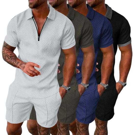 2 Pcs/Set Men Shirt Shorts Set Zip Neckline Lapel Solid Color Short Sleeves