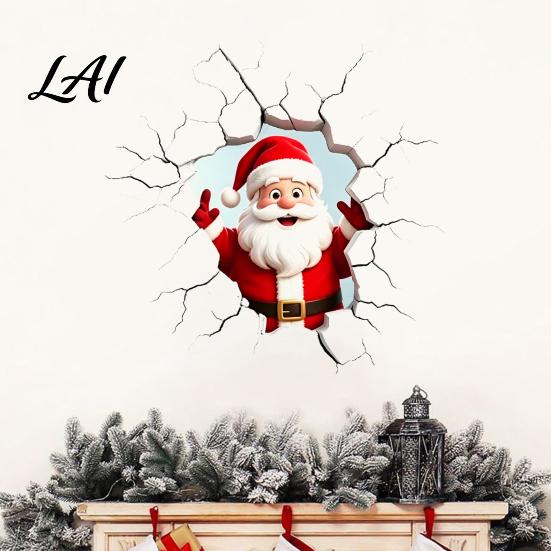 Realistic Christmas Glass Clings 3D Santa Claus Wall Sticker Breaking Decal for Holiday Decoration Easy to Apply Window Stickers Waterproof PVC Art