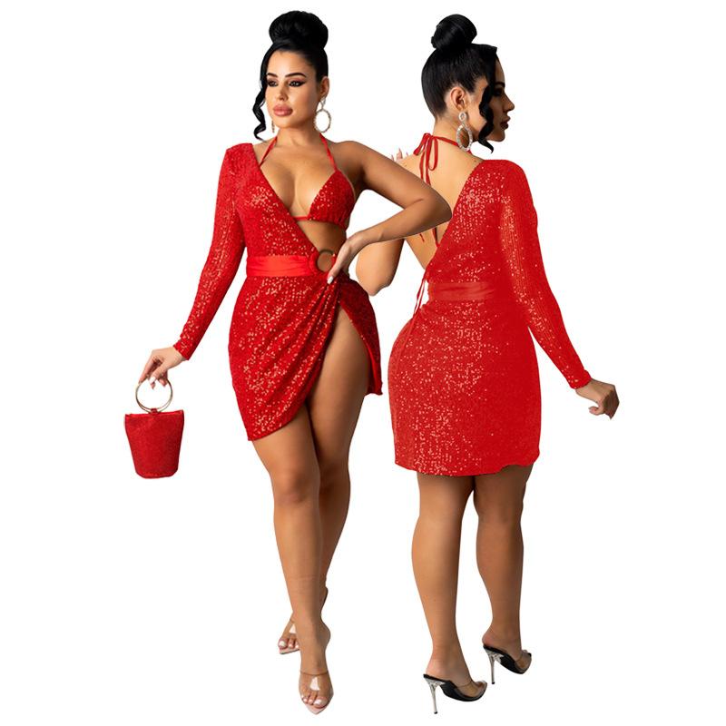 Dress Summer Women's Sequin Halter Dress Night Club Including Underwear Long Sleeve Dress Two-piece Set