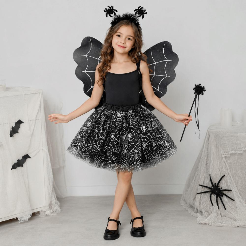 Spider Web Cosplay Outfit Bat Wing Halloween Kids Skirt Children Costume Set  Dress Up