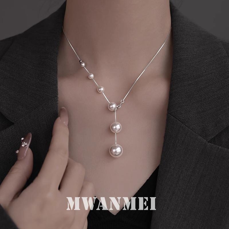 925 Sterling Silver Shijia Gradual Change Y Word Pearl Necklace Female Versatile Niche High Sense A Multi-wear Pearl Collarbone Chain