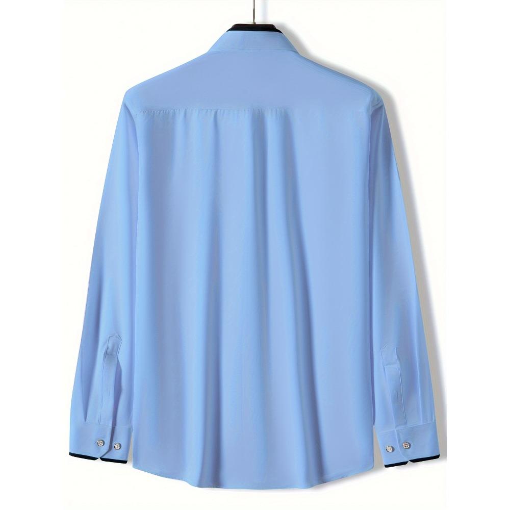 Men's Color-Block Collar Long Sleeve Dress Shirt with Crystal Buttons, Lapel Collar, Fashionable Business Casual Cardigan, Wrinkle-Free Stretch Shirt
