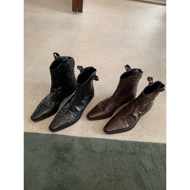 Verze ovčí kůže~ špičaté westernové boty s V-výstřihem dámské Chelsea francouzské retro plisované tenké boty silný podpatek kožené kotníkové boty