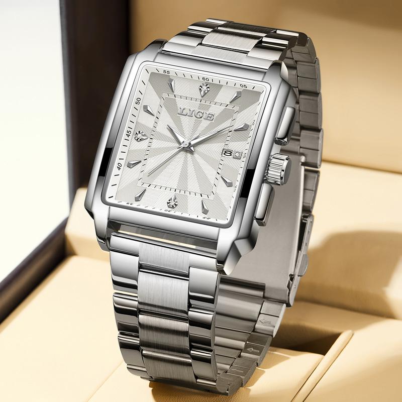 LIGE Luxury Man Wristwatch Waterproof Luminous Date Stainless Men's Watches Sports Square Men Watch Casual Quartz Male Clocks