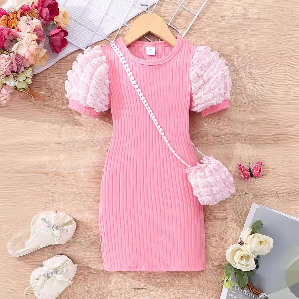 Kids' Lightweight Bubble Dress: Short Sleeve, Round Neck, Solid Color with Bubble Pockets