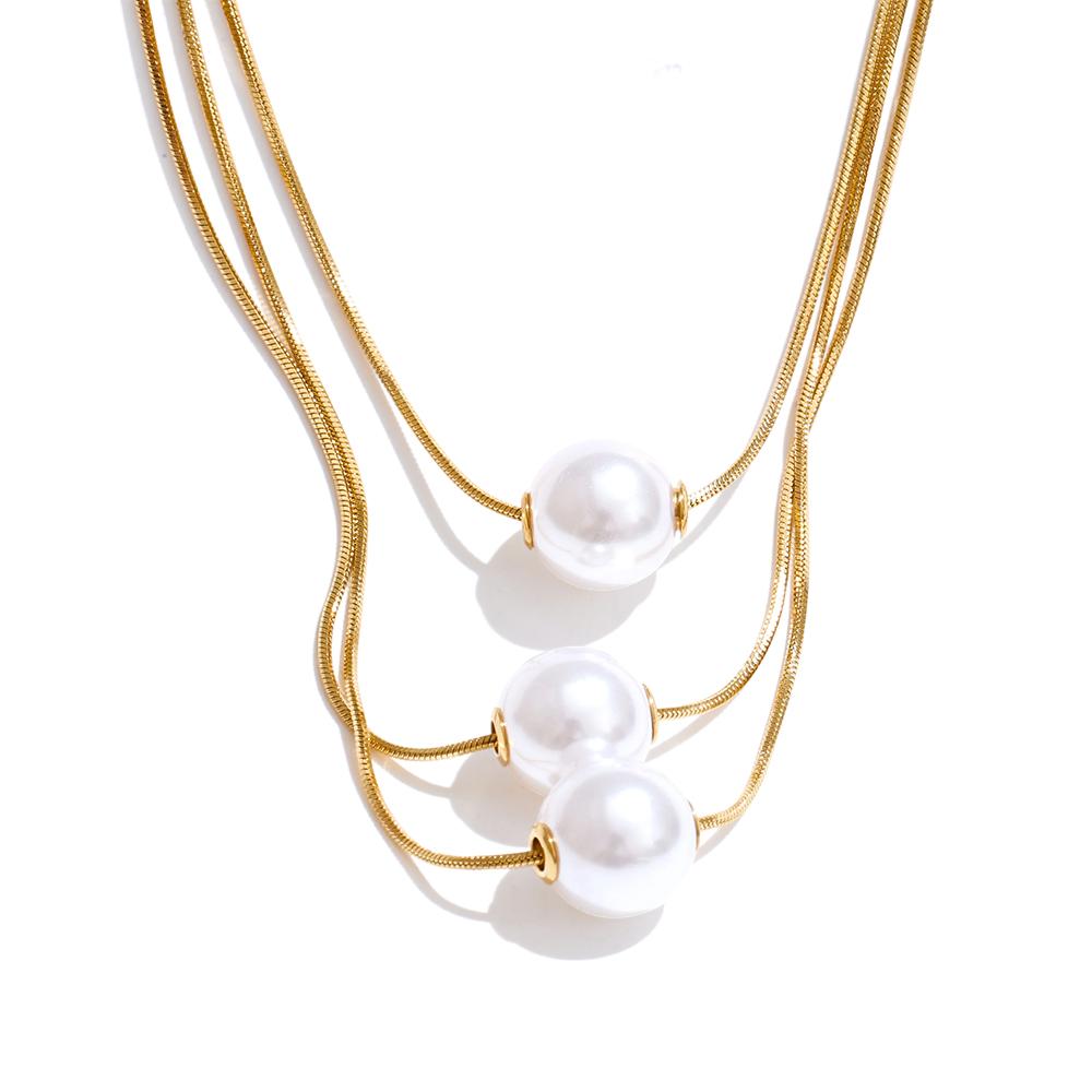 

Yhpup Korean Stainless Steel Simulated Pearls 3-Layered Pendant Necklace Popular Fashion Chic Exquisite Jewelry Accessories Gift