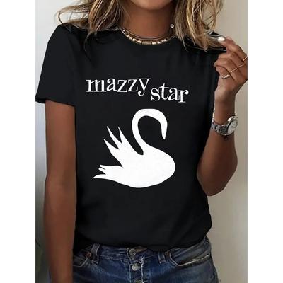 Lässiges T-Shirt für Damen | Rundhalsausschnitt, Kurze Ärmel | Schwanenmuster-Print | Ganzjahres-Komfortpassform