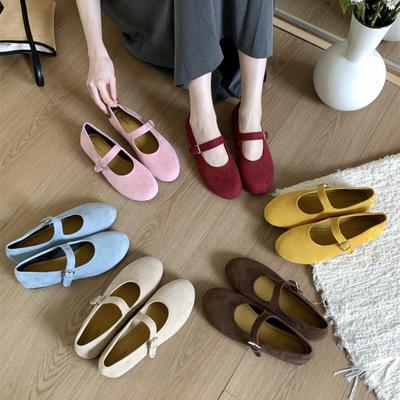 Chaussures à bout rond à bouche légère en daim, ballerines simples, printemps précoce, ceinture à boucle, Mary Jane plates, chaussures pour dames