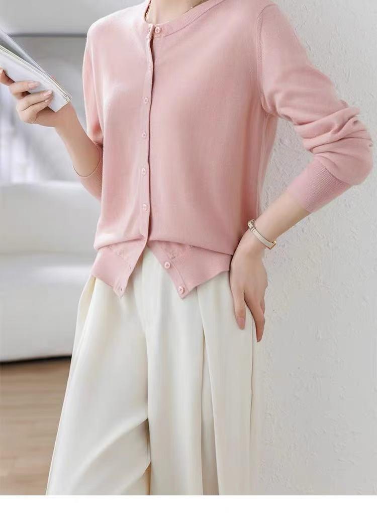Women's 100% Wool Loose Knit Cardigan - Solid Color, Round Neck, Long Sleeve, Machine Washable Versatile Top