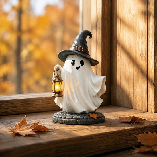 Indoor Decorative Light Lighted Halloween Ghost Figurine, Spooky Resin Witch on Pumpkin/Holding Lantern Desktop Ornament Statue with LED for Bookshelf