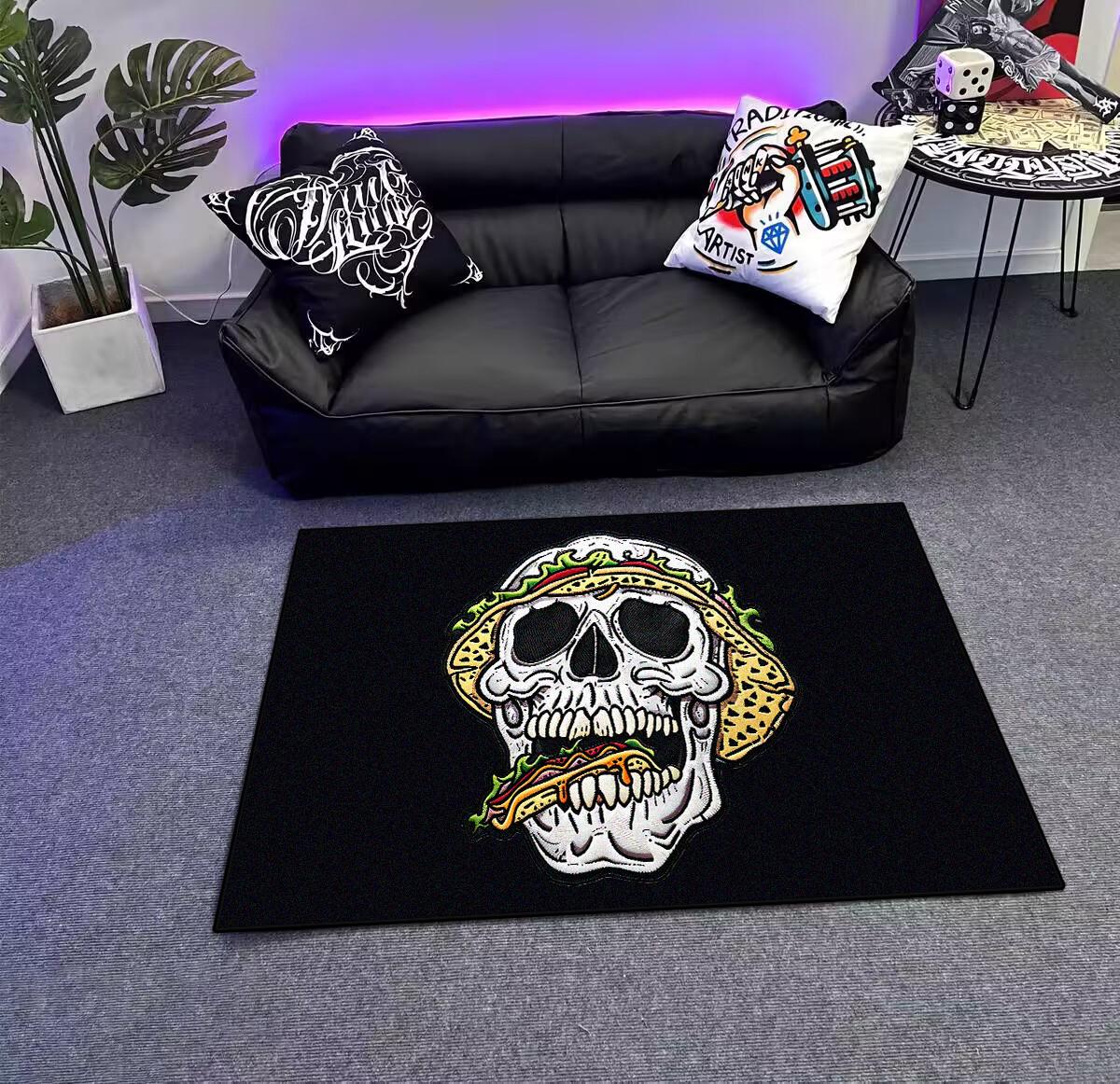 

Modern Style Skull Pattern Black Carpet Big Size Non-slip Living Room Rug Soft Easy Cleaning Entrance Door Mat Machine Washable 60*90cm