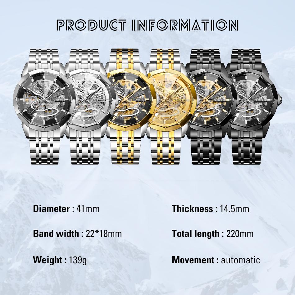 FORSINING Original Gold Skeleton Mechanical Man Watch Automatic Movement Clock Luxury Stainless Steel Men's Watches