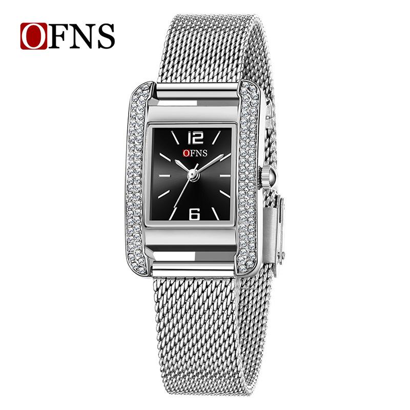 OFNS Elegant Women's Square Dial Watch: Simple Niche Bar Markers, Waterproof, Luxury Diamond Inlaid Quartz.