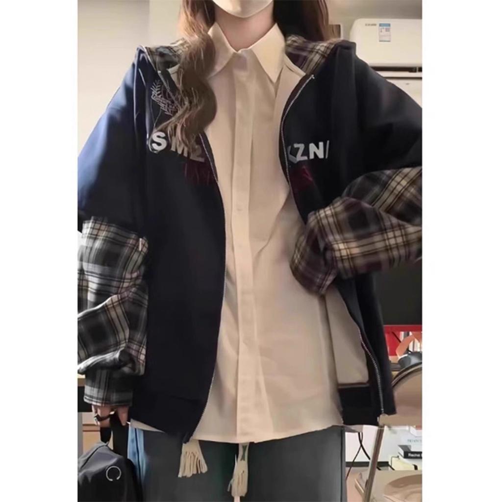 Contrasting fake two-piece splicing plaid cardigan navy blue sweater jacket trendy women